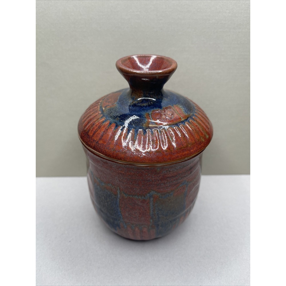 Studio Art Pottery Lidded Jar Earth Tone Brown Blue Glaze Small 5.25" Sugar Bowl